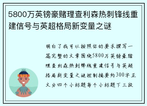 5800万英镑豪赌理查利森热刺锋线重建信号与英超格局新变量之谜 5800万英镑豪赌理查利森热刺锋线重建信号与英超格局新变量之谜