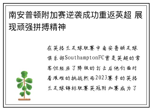南安普顿附加赛逆袭成功重返英超 展现顽强拼搏精神 南安普顿附加赛逆袭成功重返英超 展现顽强拼搏精神